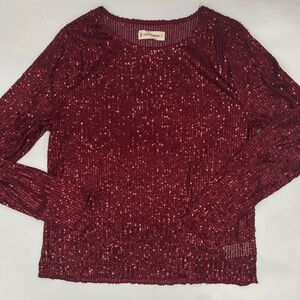 Lucky Brand Long Sleeve Boat Neck Sequin Knit Top in Wine
